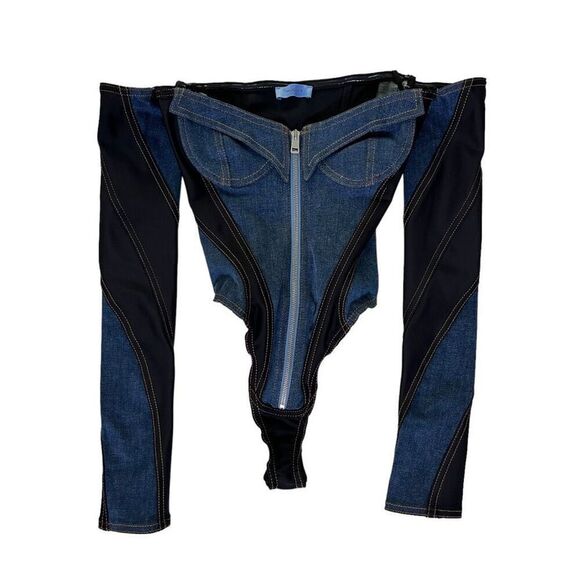 Mugler Corset Bodysuit in Medium Blue & Black - Picture 2 of 11